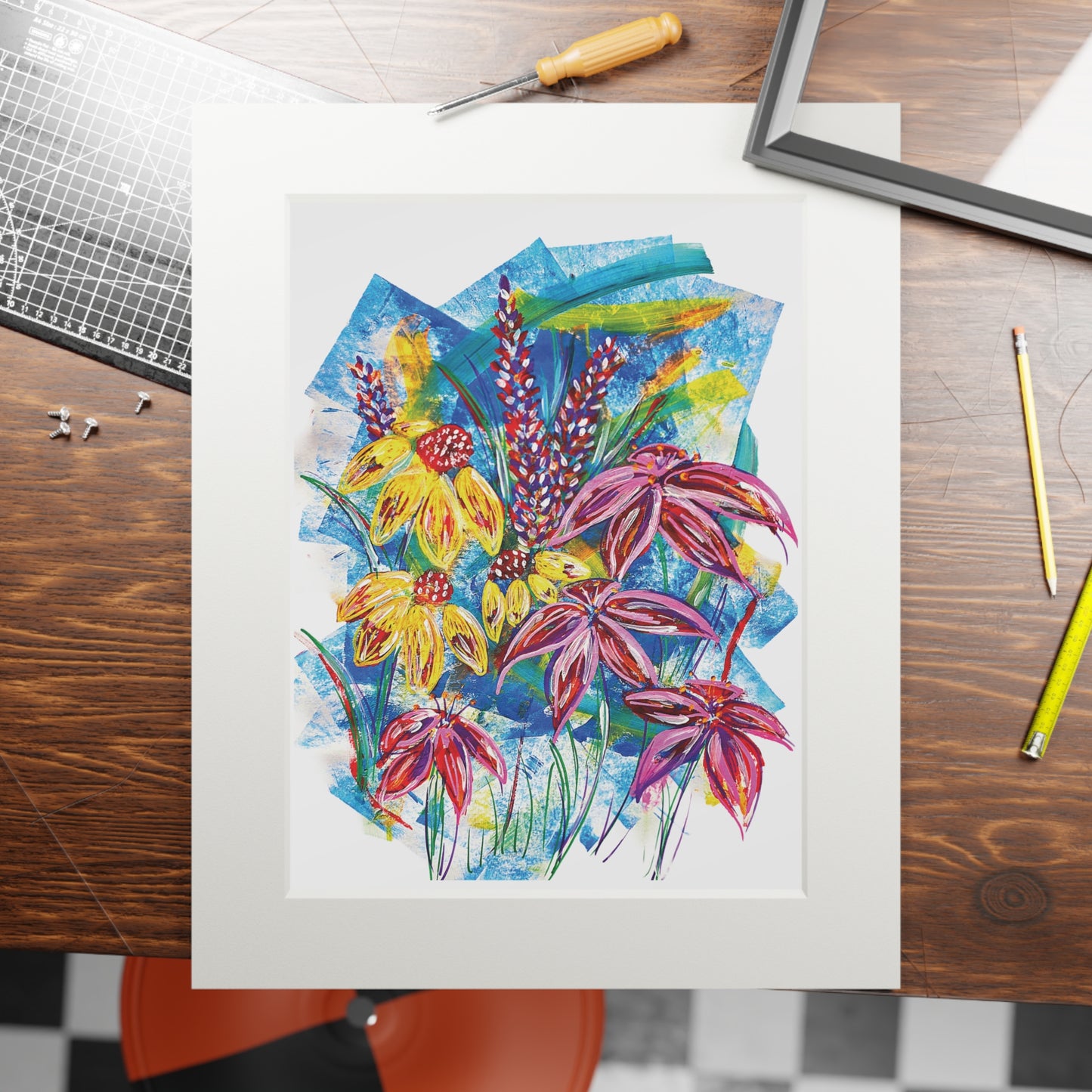 Floral Fine Art Print with Passepartout Frame - Vibrant Botanical Wall Art
