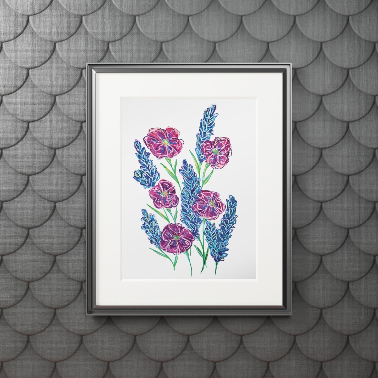 Floral Botanical Art Print with Passepartout - Purple Wildflowers Wall Art