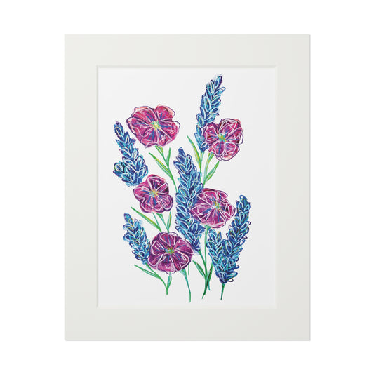Floral Botanical Art Print with Passepartout - Purple Wildflowers Wall Art