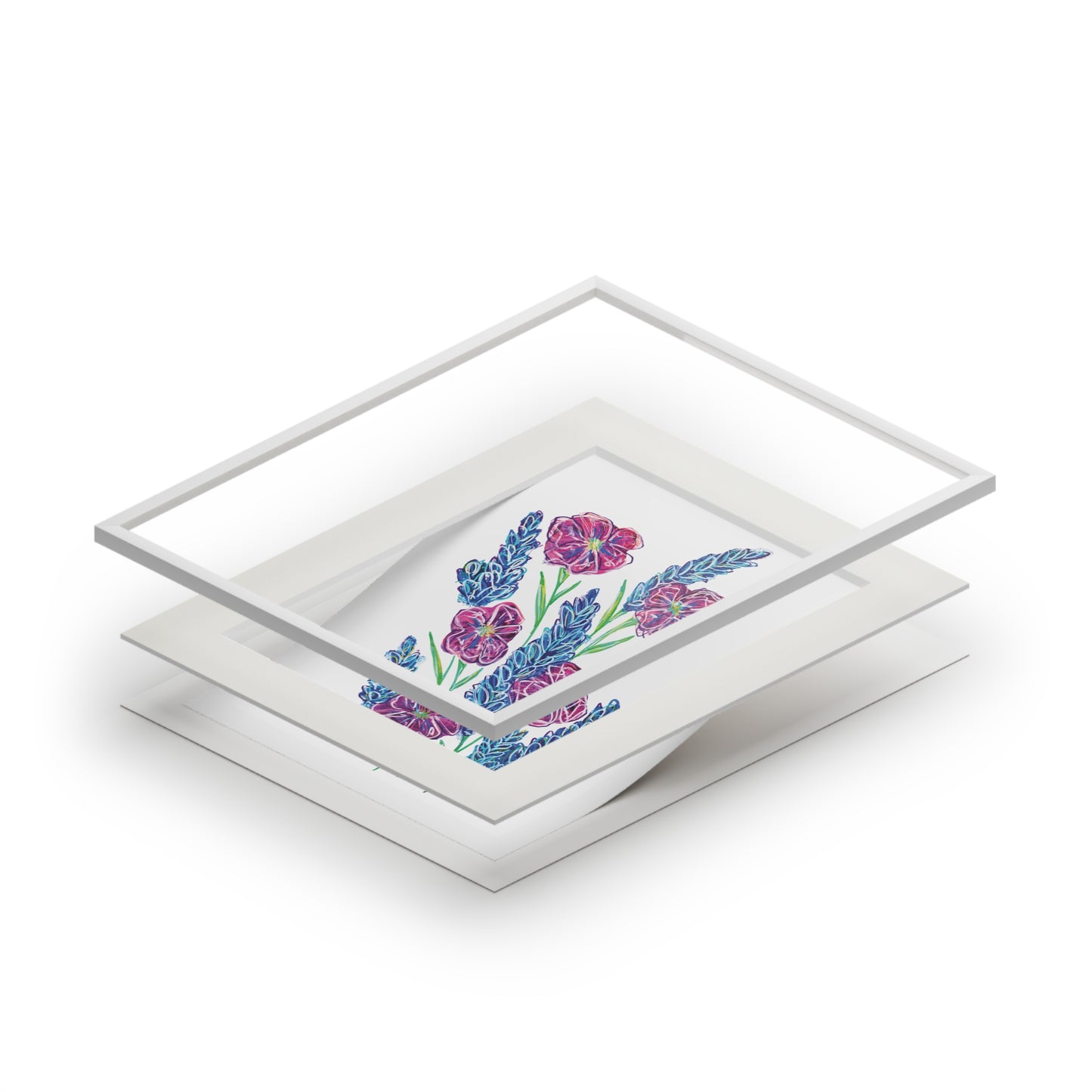 Floral Botanical Art Print with Passepartout - Purple Wildflowers Wall Art