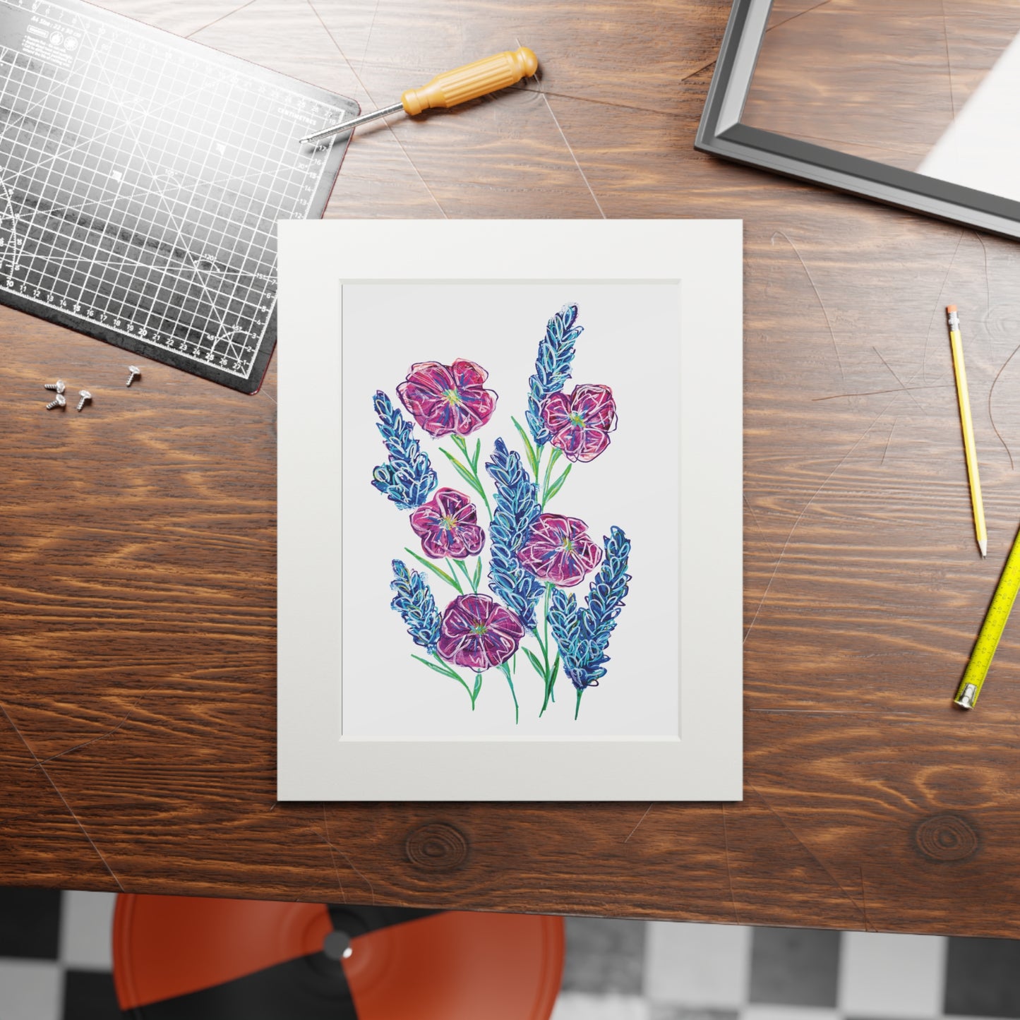 Floral Botanical Art Print with Passepartout - Purple Wildflowers Wall Art