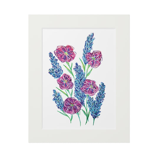Floral Botanical Art Print with Passepartout - Purple Wildflowers Wall Art