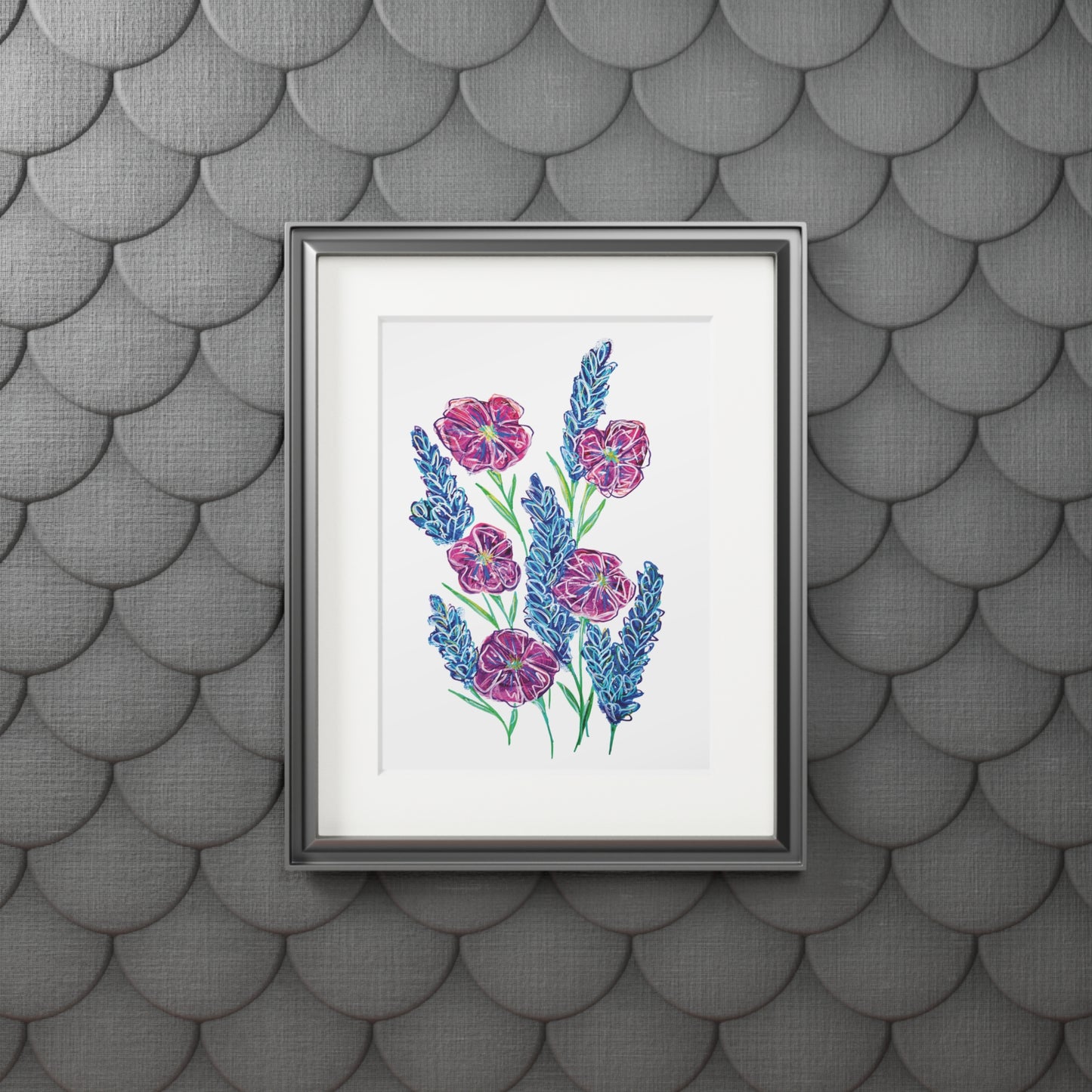 Floral Botanical Art Print with Passepartout - Purple Wildflowers Wall Art