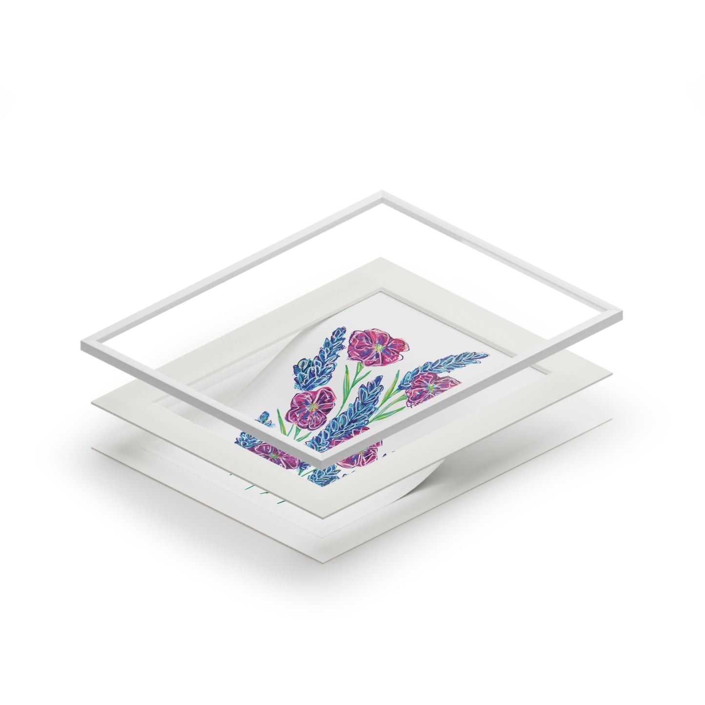 Floral Botanical Art Print with Passepartout - Purple Wildflowers Wall Art