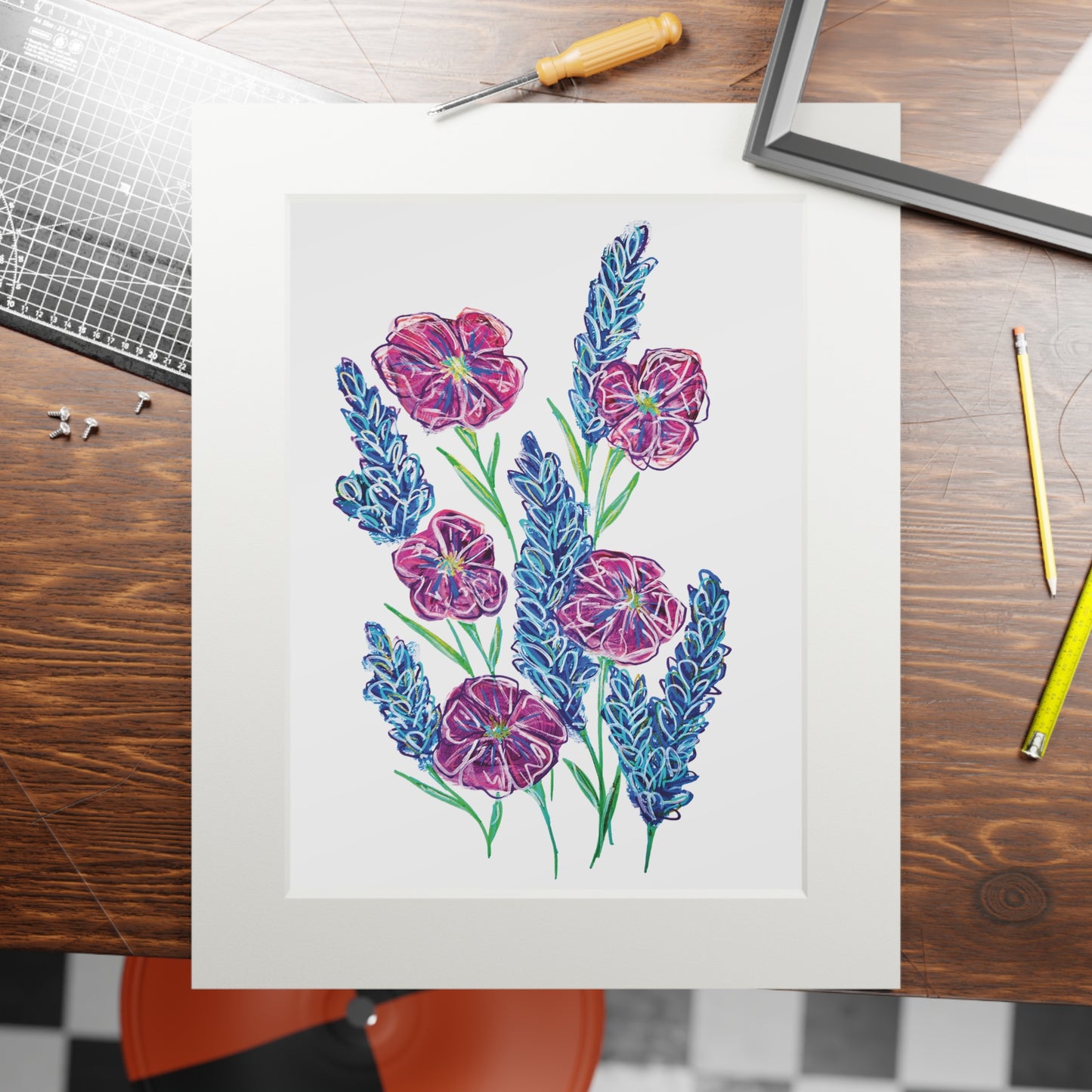 Floral Botanical Art Print with Passepartout - Purple Wildflowers Wall Art